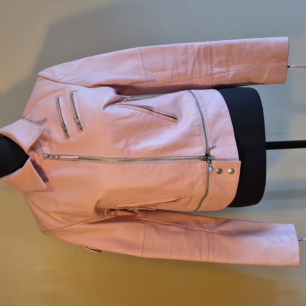 Women's Blush Pink Leather Zip-Front Moto Jacket